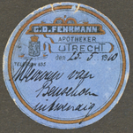 710636 Rond etiketje om op verpakkingen van medicijnen te plakken van C.D. Fehrmann, Apotheker, [Wittevrouwenstraat 12] ...